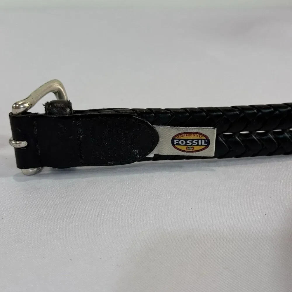 Fossil Mens Black Braided Leather Belt w/ Silver Buckle Size 34